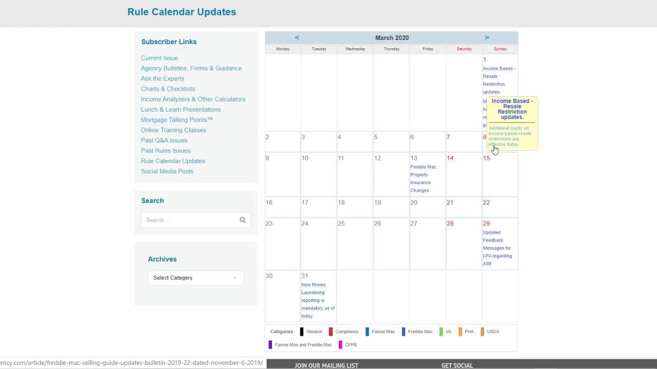 Rules Calendar for Mortgages